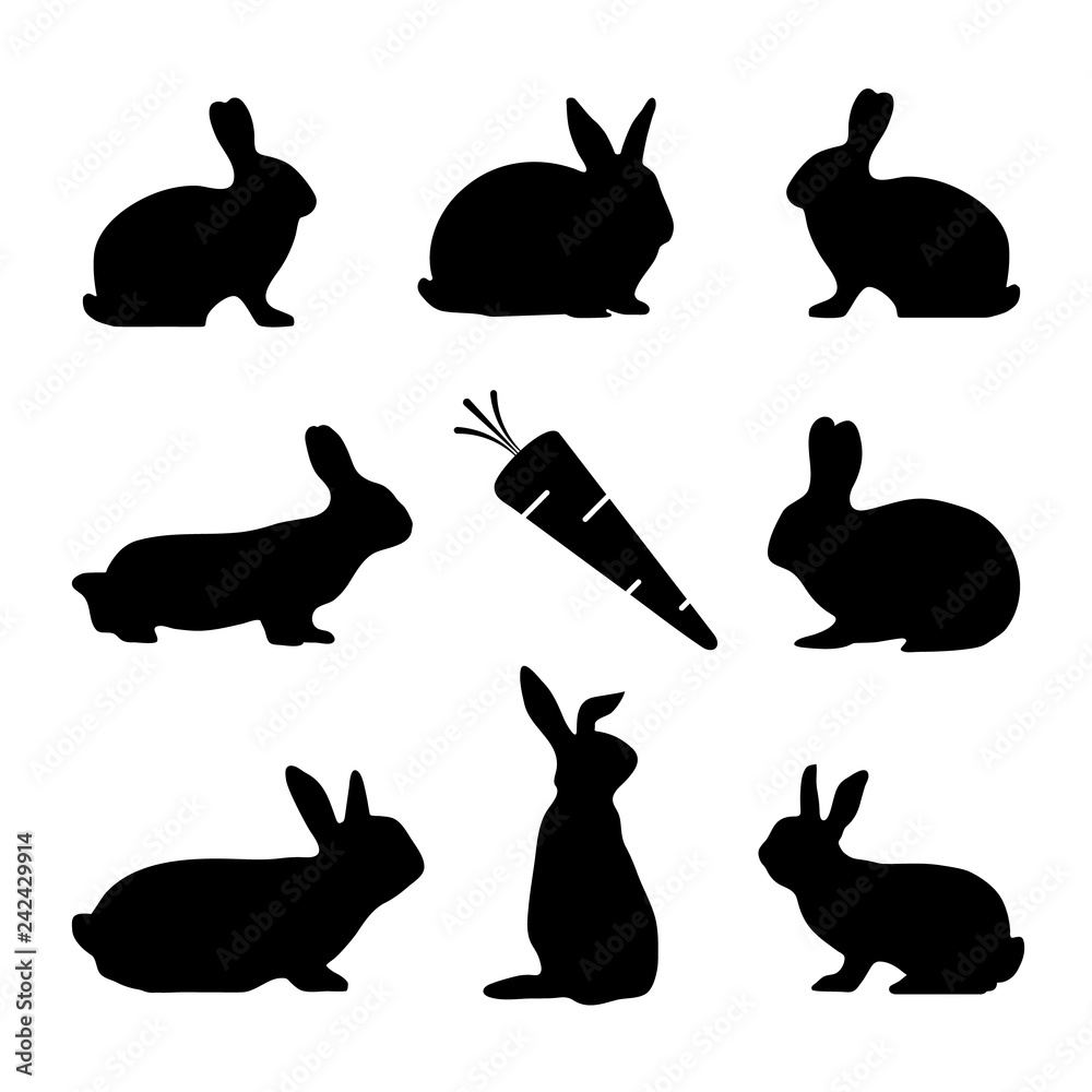 Obraz premium Rabbit Silhouettes And Carrot - Black Vector Illustration Set - Isolated On White Background