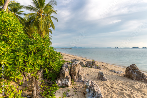 Palms tree and rocks with sunny day in Taling Ngam Beach, Koh Samui island, Thailand.