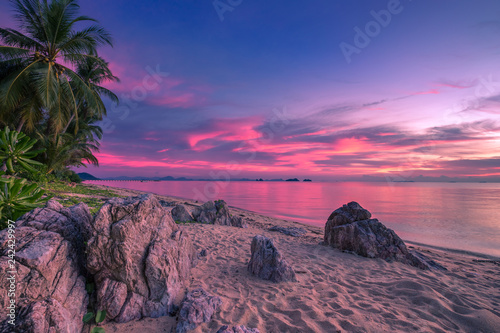 Fototapeta Naklejka Na Ścianę i Meble -  Tropical beach at pink sunset with palm trees in Taling Ngam Beach, Koh Samui island, Thailand.