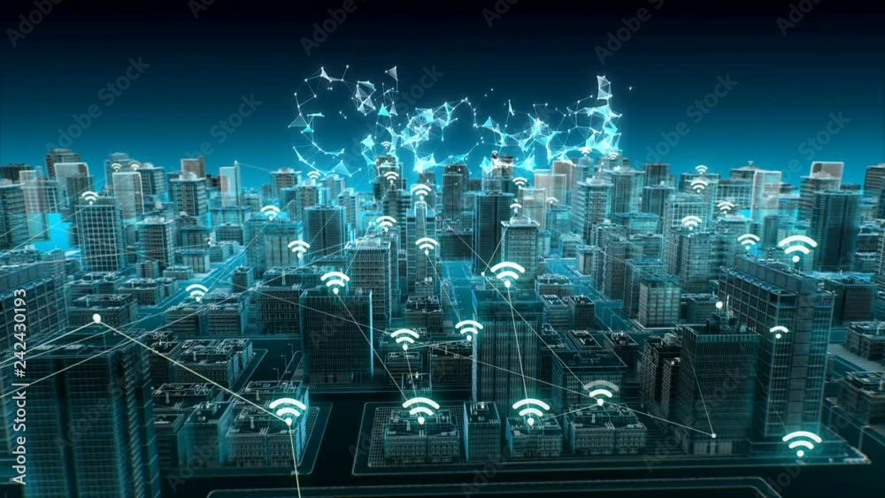Wireless smart sensor icon on Smart city, connecting 'CLOUD' computing IoT technology. blue x-ray aerial view. 4k animation.