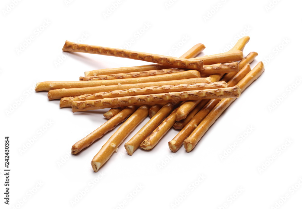 Salty cracker pretzel sticks isolated on white background