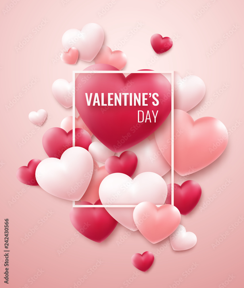 Valentines Day background with red, pink hearts and frame for text. Holiday card illustration on light background