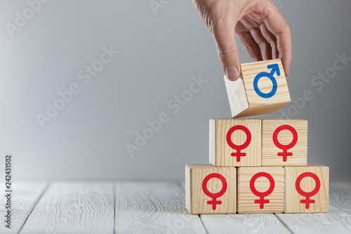 Hand putting a wooden cube with male icon on top of cubes with female logos photo