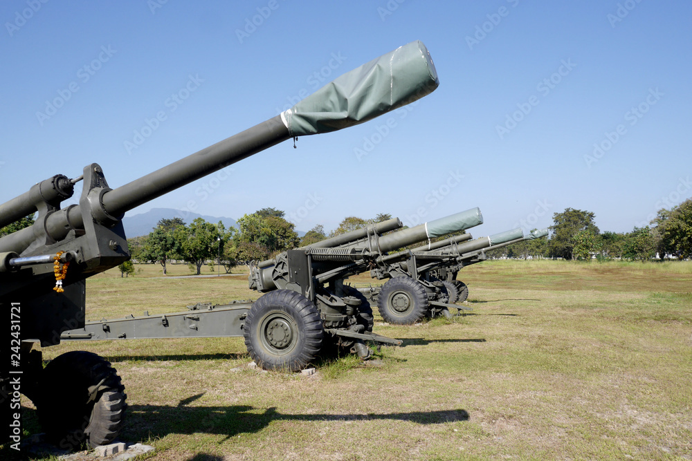 A display of old artillery cannons. A display of old artillery cannons.