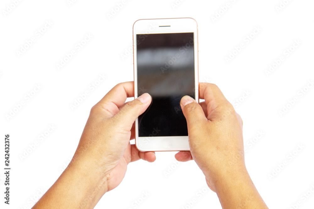 Man's hand holding smart phone on white background, isolate, clipping path. Man's hand holding smart phone on white background, isolate, clipping path.