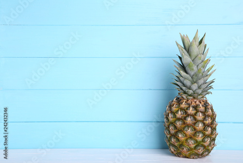 Ripe pineapple on a blue background with copy space