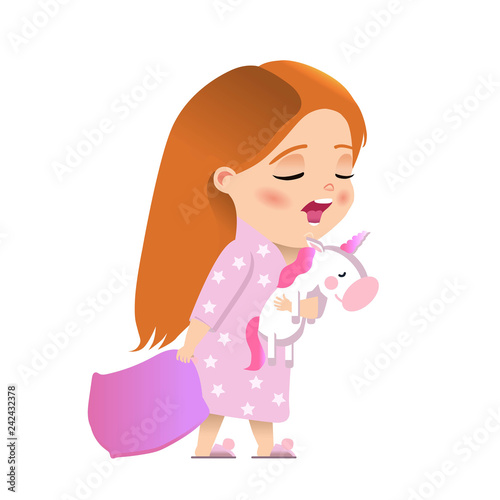 The girl carries a toy unicorn and goes to sleep  