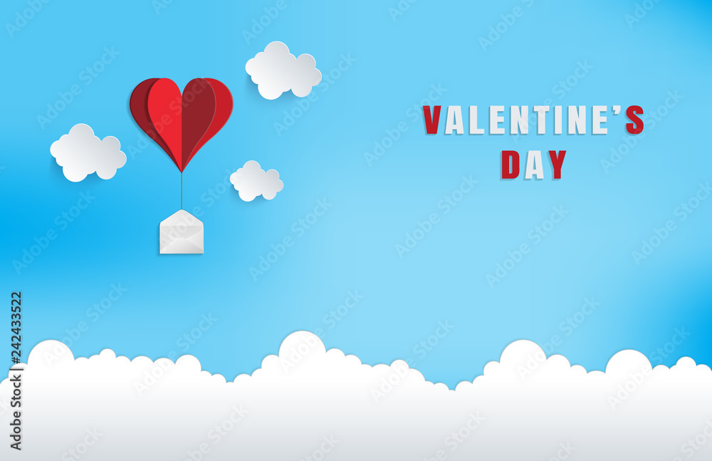illustration of love and valentine day,Origami made red heart balloon Attached to the envelope flying on the sky with red heart float on the sky.paper art and digital craft style.