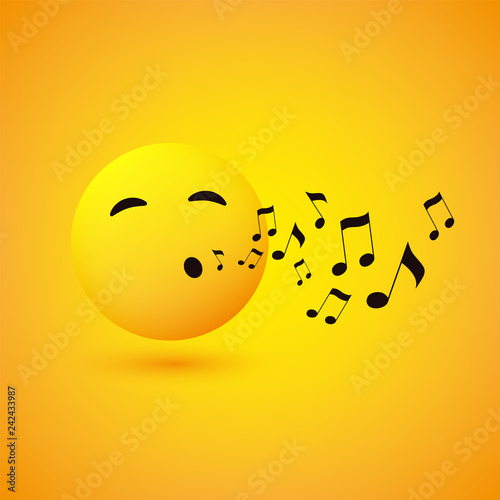 Singing or Whistling Emoticon, Face With Smiling Eyes on Yellow Background - Vector Design 