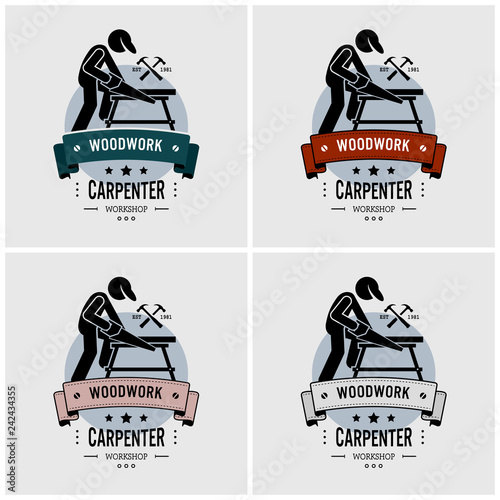 Carpenter logo design. Vector artwork of carpentry or woodwork workshop. Illustration shows a carpenter cutting a wood with saw on a workbench.