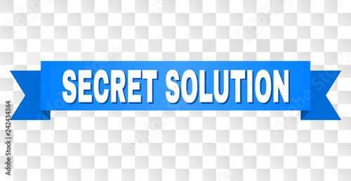 SECRET SOLUTION text on a ribbon. Designed with white caption and blue stripe. Vector banner with SECRET SOLUTION tag on a transparent background.