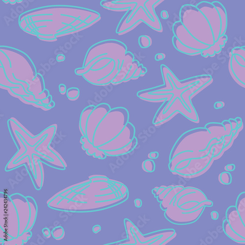 Seamless pattern of seashells and starfishes