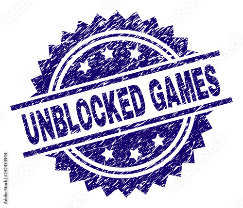 UNBLOCKED GAMES stamp seal watermark with distress style. Blue vector rubber print of UNBLOCKED GAMES title with unclean texture.