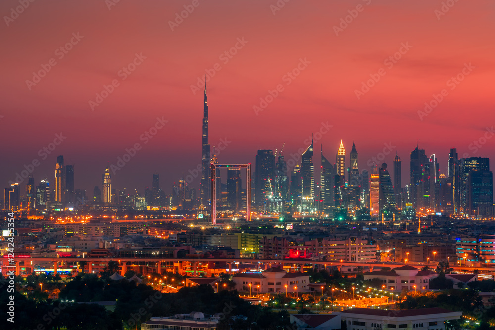 Beautiful skyline of Dubai city at night in United Arab Emirates