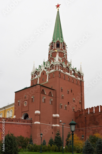 The Troitskaya Tower (was built in 1495-1499) of the Kremlin in Moscow, Russia. Is a tower with a through-passage in the center of the northwestern wall of the Kremlin, near the Alexander Garden.