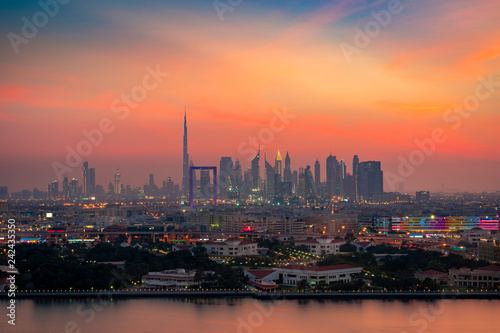 Beautiful skyline of Dubai city at night in United Arab Emirates