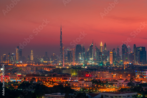 Beautiful skyline of Dubai city at night in United Arab Emirates