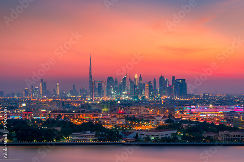 Photography Beautiful skyline of Dubai city at night in United Arab Emirates