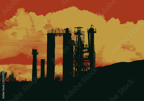 silhouette of industrial landscape, a factory working with raw stone. vector illustration