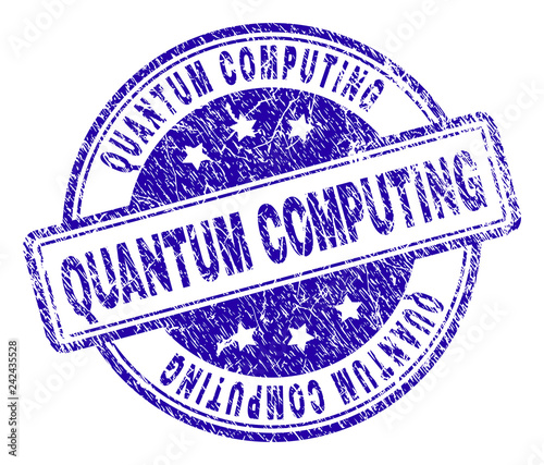 QUANTUM COMPUTING stamp seal imprint with distress texture. Designed with rounded rectangles and circles. Blue vector rubber print of QUANTUM COMPUTING text with corroded texture.