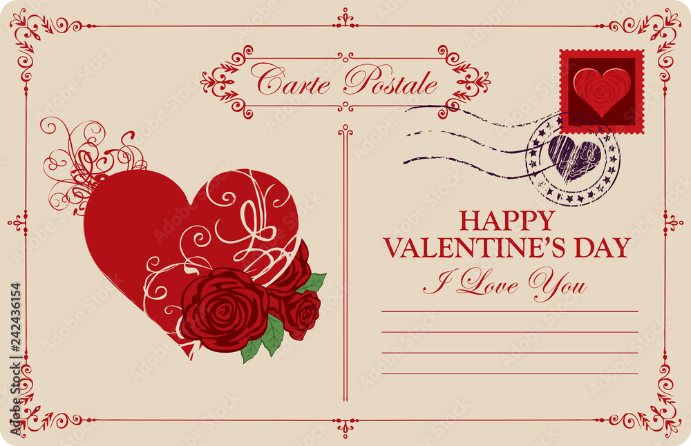 Retro valentine card or postcard with red heart and roses. Romantic vector  card in vintage style with place for text, calligraphic inscription I love  you and words Happy Valentines day Stock Vector