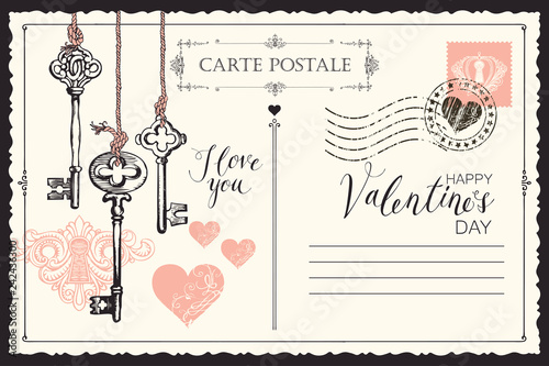 Valentine card in form of postcard with keys, keyhole and red hearts. Romantic vector card in vintage style with place for text and with handwritten inscriptions I love you and Happy Valentines day
