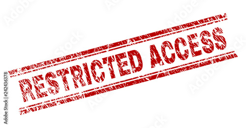 RESTRICTED ACCESS seal print with distress texture. Red vector rubber print of RESTRICTED ACCESS label with unclean texture. Text caption is placed between double parallel lines.