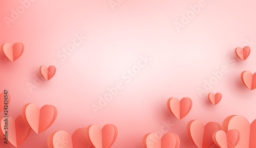 Coral color paper elements in shape of heart flying on light coral background. Vector symbols of love for Happy Mother's, Valentine's Day, birthday greeting card design.