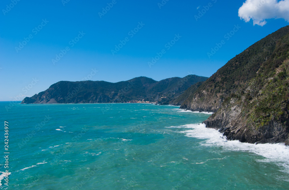 View on the shoreline with a rough sea of 5 Terre