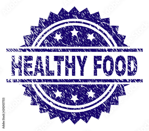 HEALTHY FOOD stamp seal watermark with distress style. Blue vector rubber print of HEALTHY FOOD label with unclean texture.