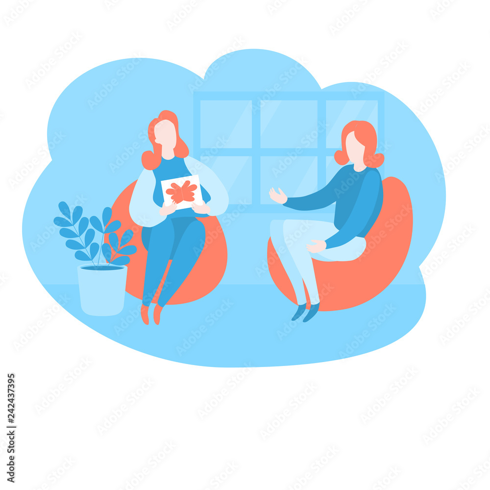 Flat psychologist office, patient having psychological therapy and counseling with therapist. Psychotherapy session. Mental health, healthcare and psychology. Psychiatrist consultation Flat psychologist office, patient having psychological therapy and counseling with therapist. Psychotherapy session. Mental health, healthcare and psychology. Psychiatrist consultation