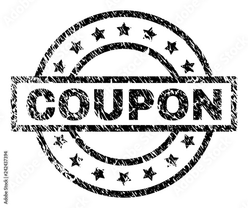 COUPON stamp seal watermark with distress style. Designed with rectangle, circles and stars. Black vector rubber print of COUPON text with unclean texture.