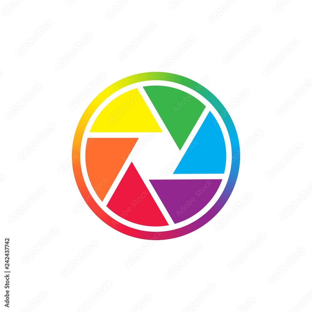 Camera shutter in primary colors spectrum. Camera shutter simple colorful vector icon. Camera shutter in primary colors spectrum. Camera shutter simple colorful vector icon.