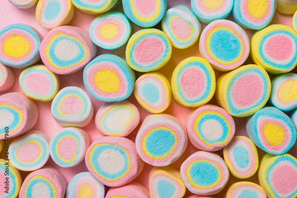 Heap of Closed up Pastel Pink, Yellow, Blue Colored Marshmallows for Background, Texture Heap of Closed up Pastel Pink, Yellow, Blue Colored Marshmallows for Background, Texture