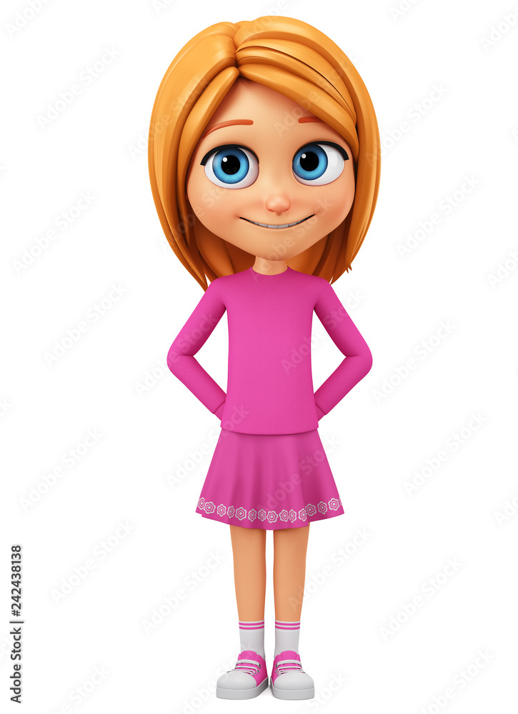 Cartoon girl character in a pink sweater shy. 3d rendering. Illustration  for advertising. Stock Illustration | Adobe Stock