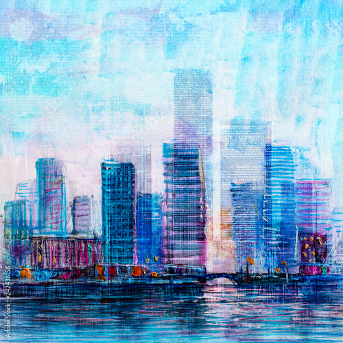 Abstract painting of urban skyscrapers.