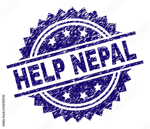 HELP NEPAL stamp seal watermark with distress style. Blue vector rubber print of HELP NEPAL caption with dust texture.