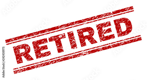 RETIRED seal print with distress texture. Red vector rubber print of RETIRED label with dust texture. Text caption is placed between double parallel lines.