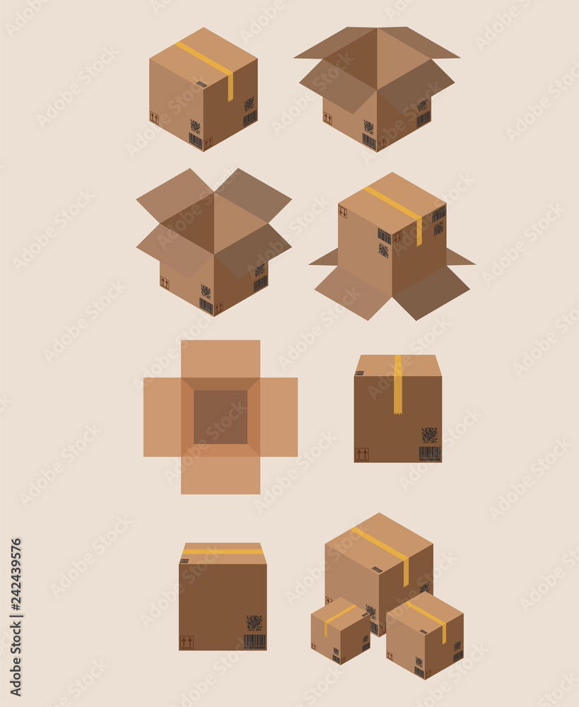 Fototapeta premium Carton packaging box. Isometric carton packaging box images set of different size with postal signs this side up fragile vector illustration. Set closed and open cardboard boxes