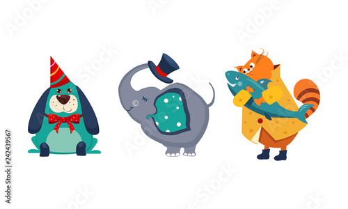 Cute funny animals characters in different actions, dog in party hat, elephant holding top hat with a trunk, cat with a big fish caught vector Illustration