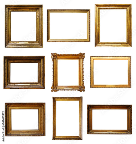 Set of three vintage golden baroque wooden frames on isolated background