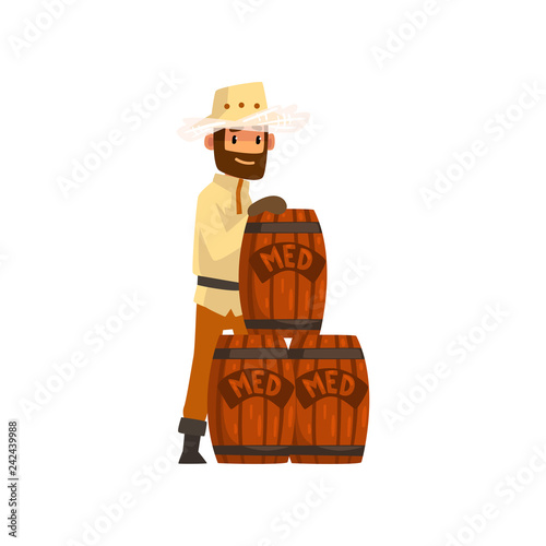 Beekeeper man with wooden barrels of honey, apiculture and beekeeping concept vector Illustration