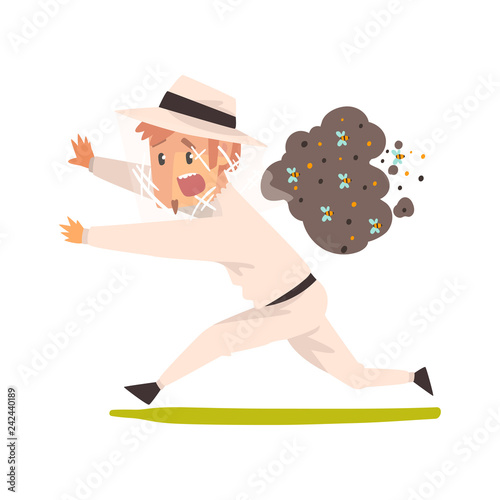 Scared beekeeper running away from swarm of bees, apiculture and beekeeping concept vector Illustration