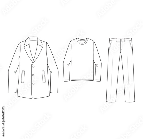 Outer jacket tee pants set Fashion flat technical drawing vector template