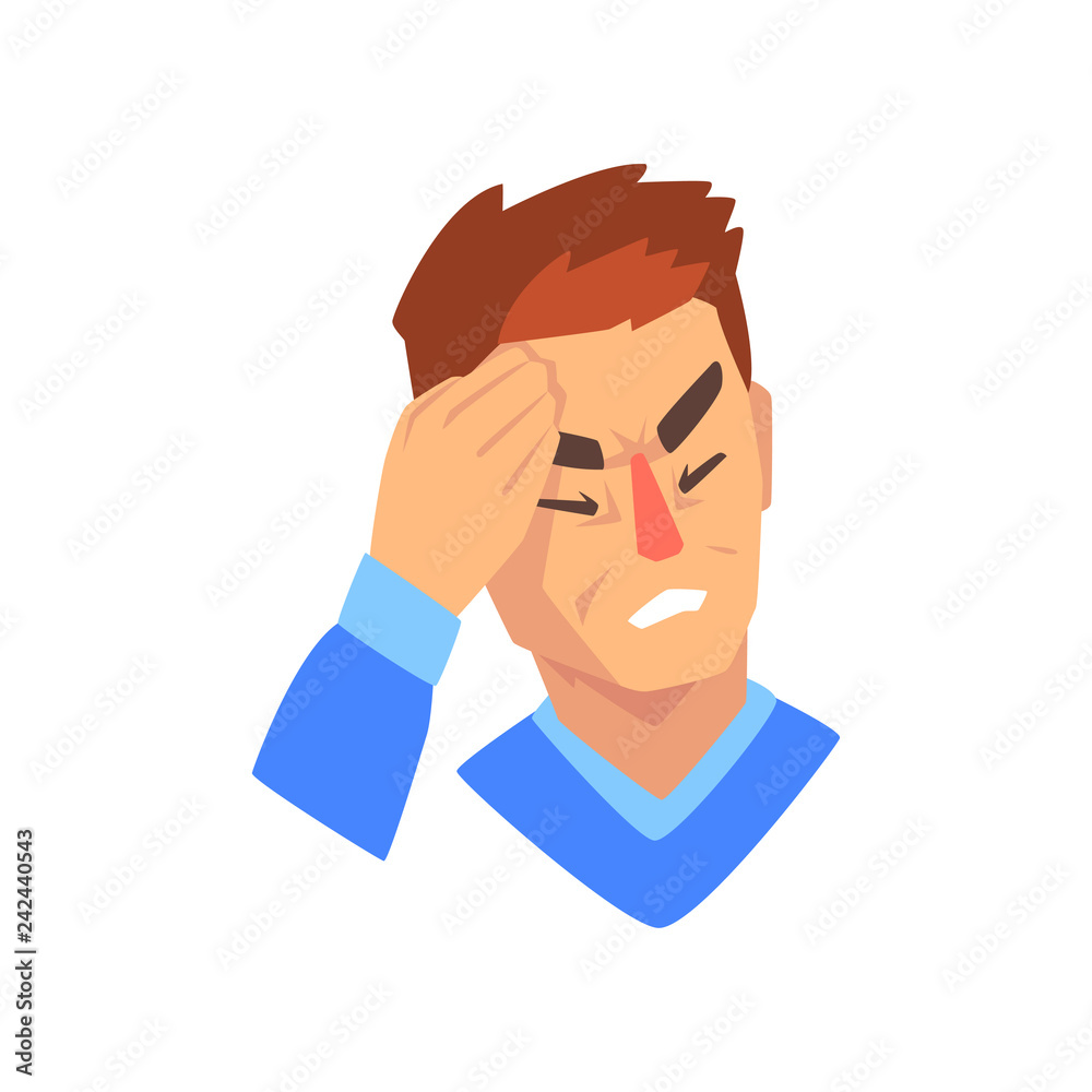 Man with a headache, migraine, health problems, sick unhappy man character vector Illustration Man with a headache, migraine, health problems, sick unhappy man character vector Illustration