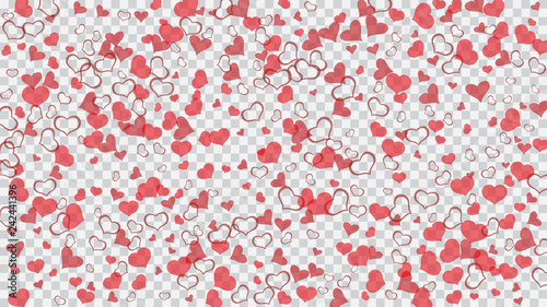 Spring background. The idea of wallpaper design, textiles, packaging, printing, holiday invitation for birthday. Red on Transparent background Vector. Red hearts of confetti are falling.