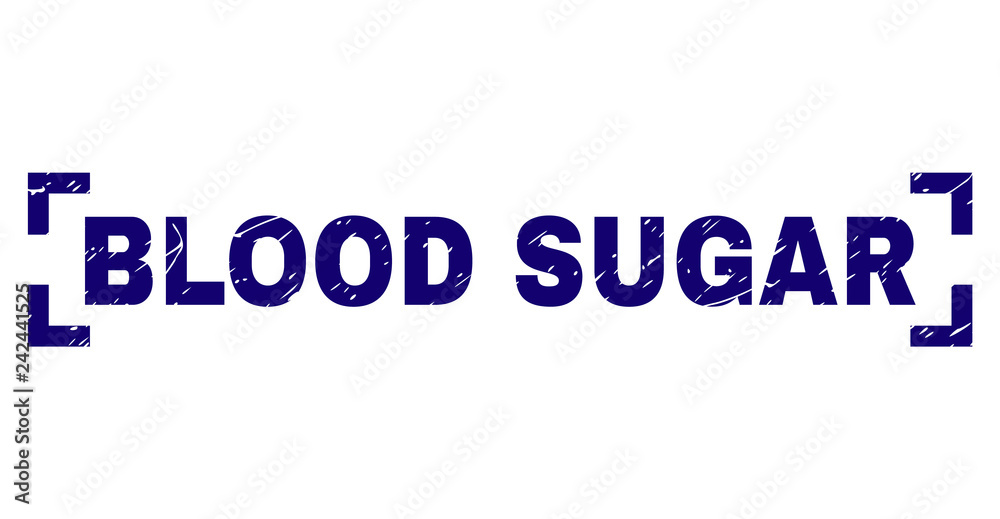 BLOOD SUGAR title seal stamp with distress texture. Text title is placed between corners. Blue vector rubber print of BLOOD SUGAR with dust texture.