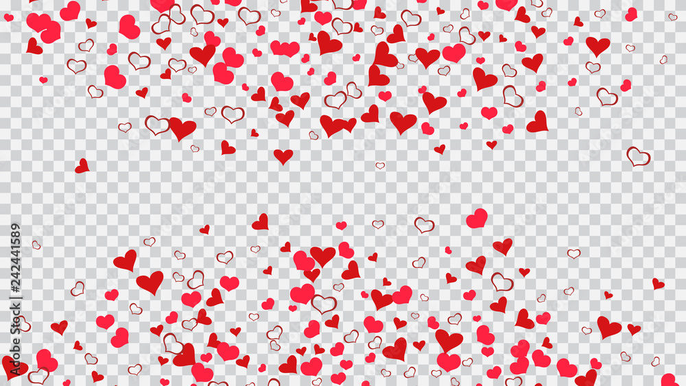 The idea of wallpaper design, textiles, packaging, printing, holiday invitation for wedding. Romantic background. Red on Transparent background Vector. Red hearts of confetti are falling.