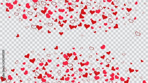 The idea of wallpaper design, textiles, packaging, printing, holiday invitation for wedding. Romantic background. Red on Transparent background Vector. Red hearts of confetti are falling.