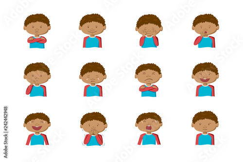Collection of 12 illustrations of African-American boy showing different emotions